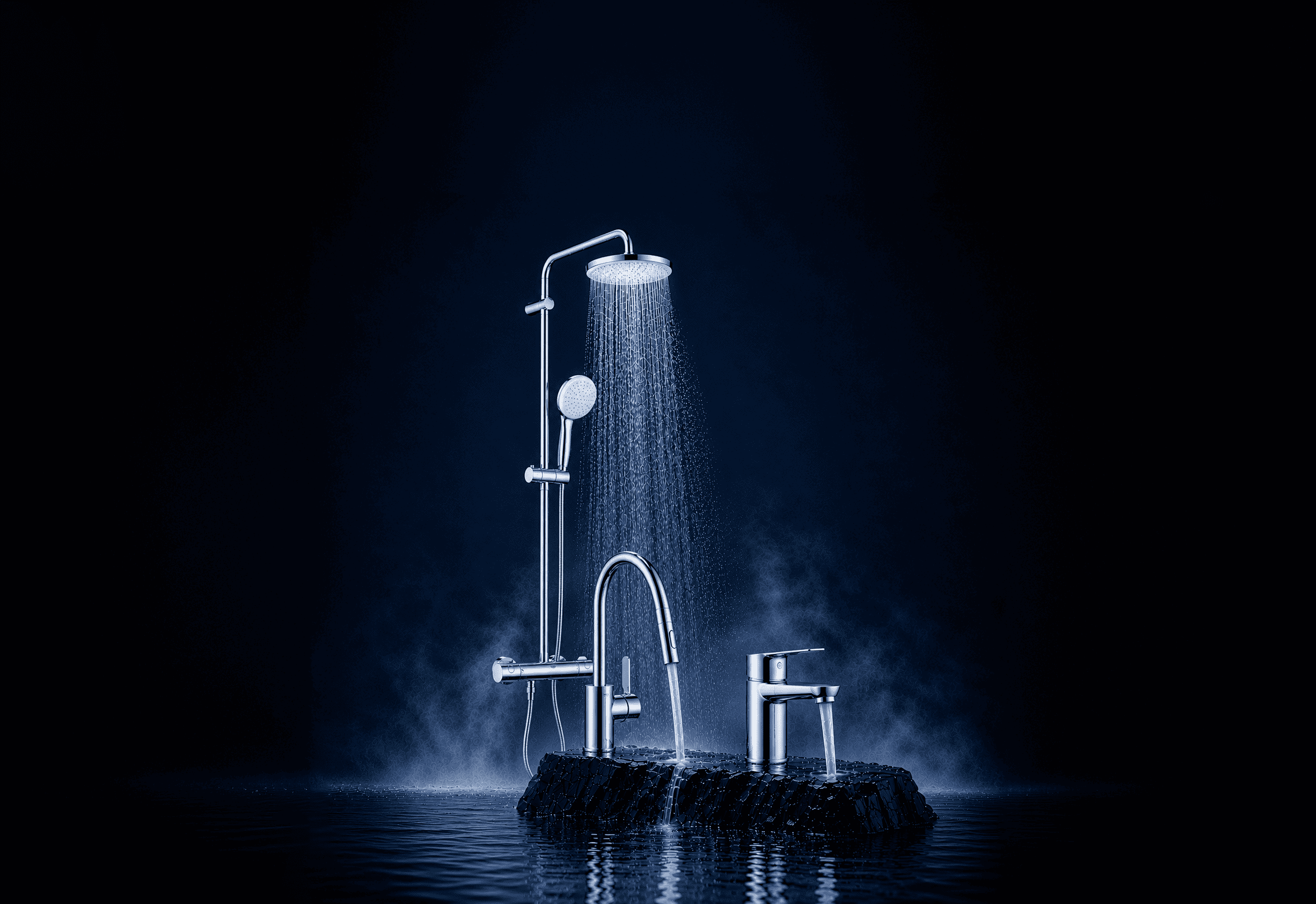 Soluções GROHE para casa de banho com coluna de duche e torneiras
